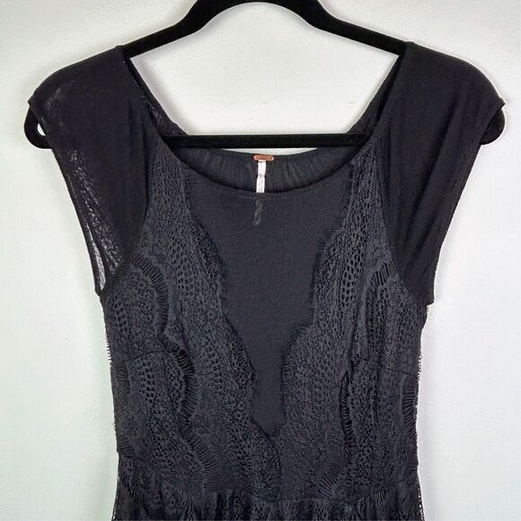 Free People Sheer Lace Mini Dress Black Tiered Flowy Ruffles Whimsigoth sz S - Picture 2 of 15